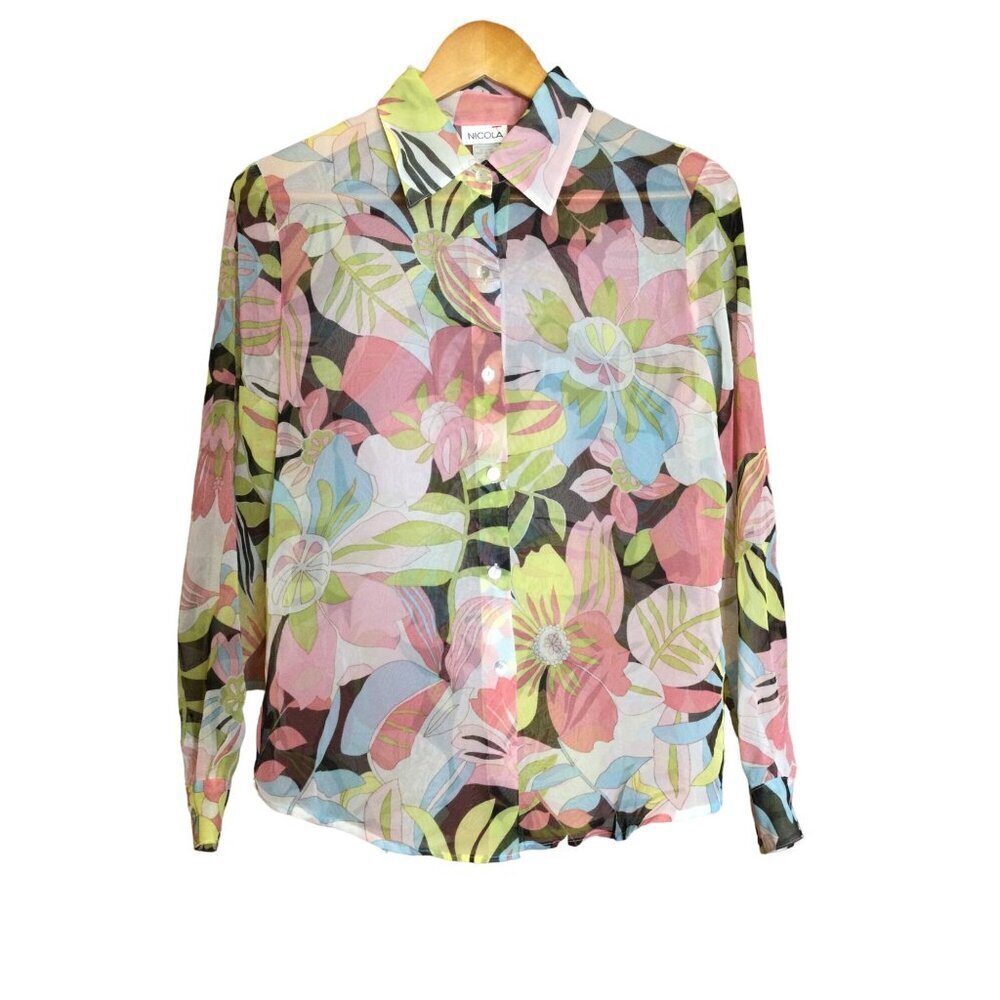 Nicola Womens Floral Sheer Long Sleeve Button Up Blouse Size S Multicolor Fairy